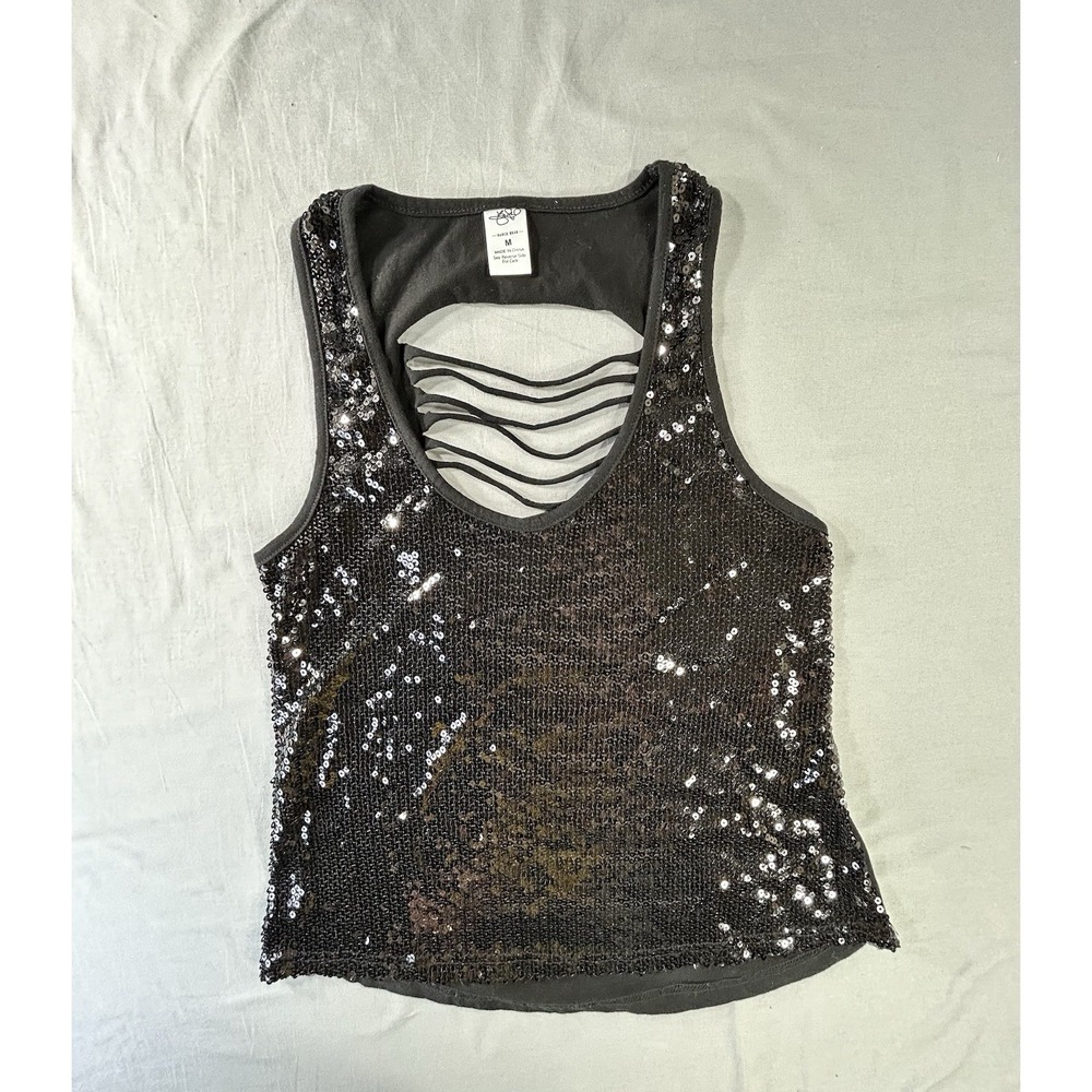 Dance Wear Black Sequin Tank Top Women's Medium Scoop Neck Cut Out Back